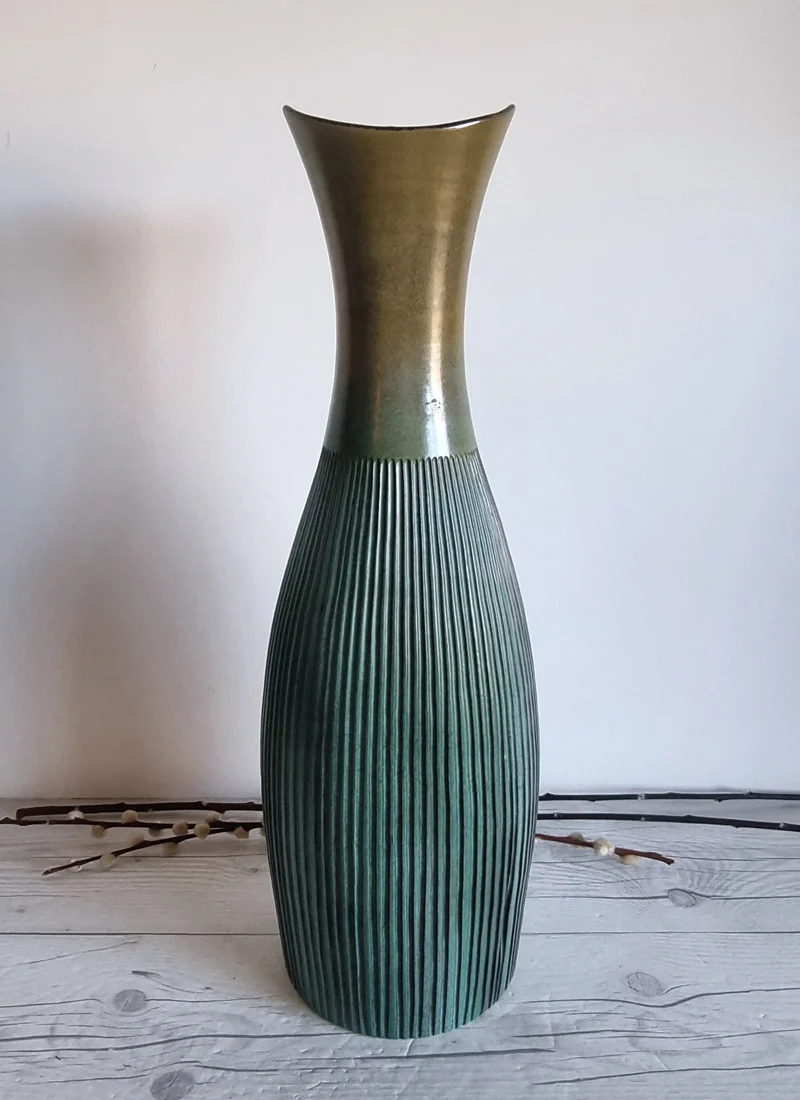 Hjordis Oldfors for Upsala Ekeby 1958 Palma Series Textured Gold and Teal Floor Vase, Sweden