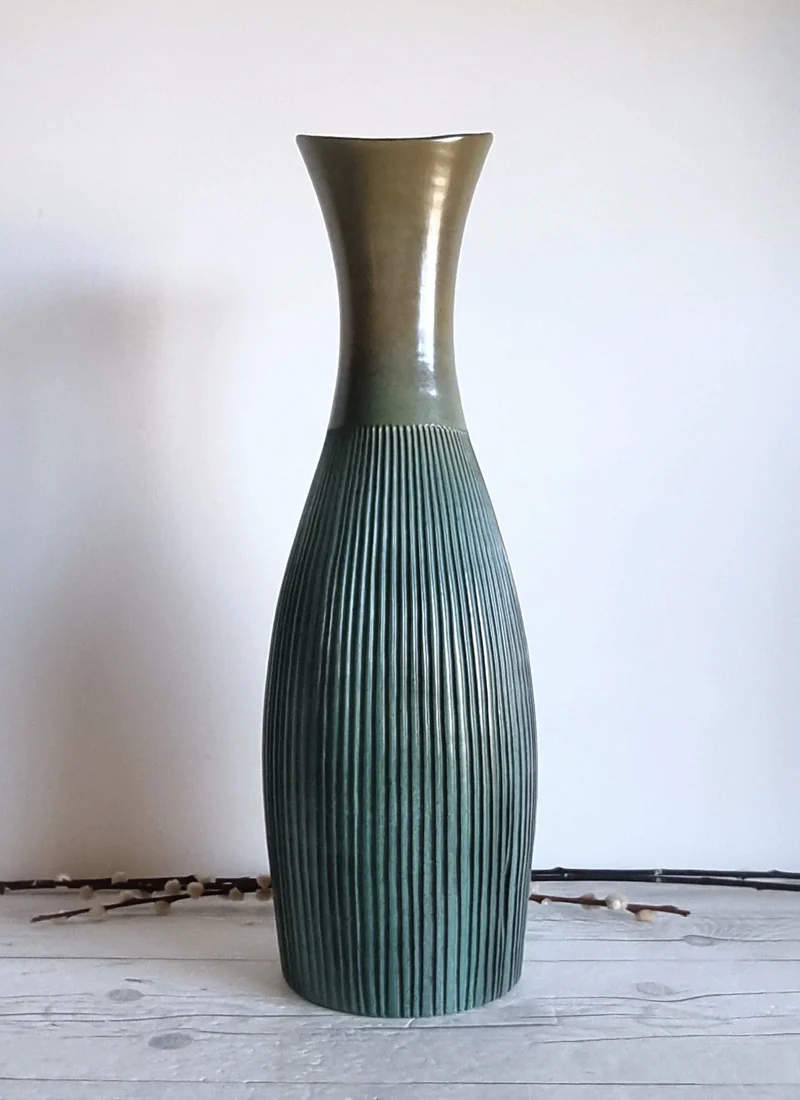 Hjordis Oldfors for Upsala Ekeby 1958 Palma Series Textured Gold and Teal Floor Vase, Sweden - Image 2