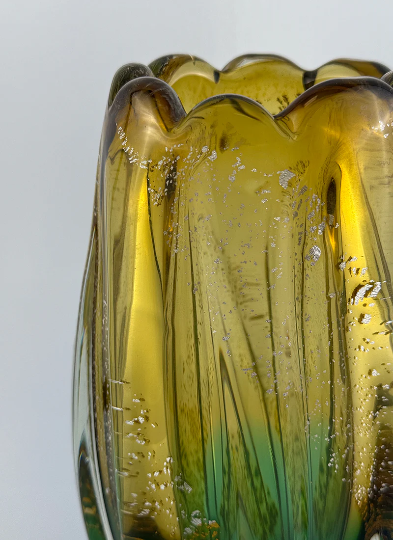Sanyu Glassworks Citrine Amber, Emerald Green with Gold and Silver Avventurine Vase, 1960s-70s - Image 2