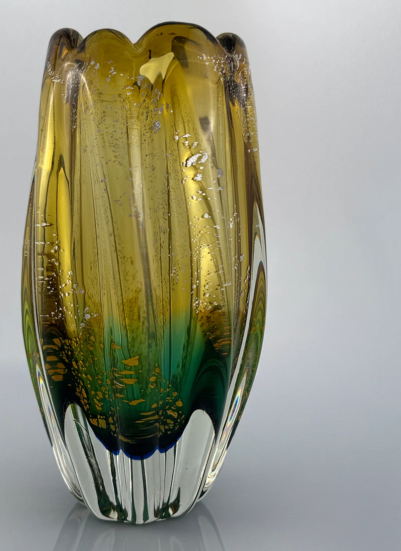 Sanyu Glassworks Citrine Amber, Emerald Green with Gold and Silver Avventurine Vase, 1960s-70s - Image 3
