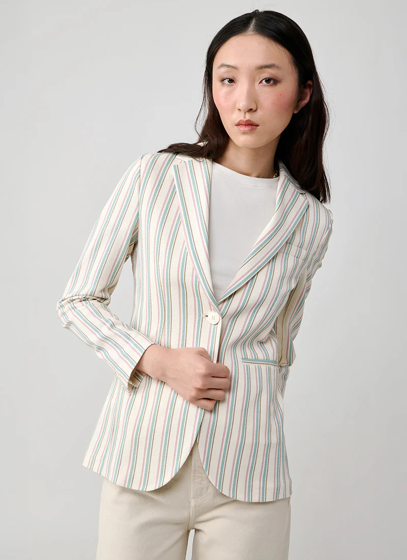 Oxford Stripe Long 1 Button Blazer - Image 2