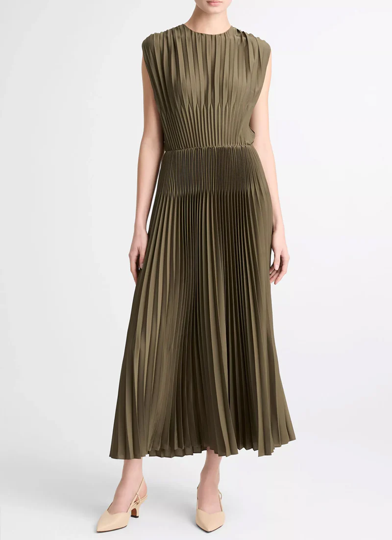 Chevron Pleated Crew Neck Dress