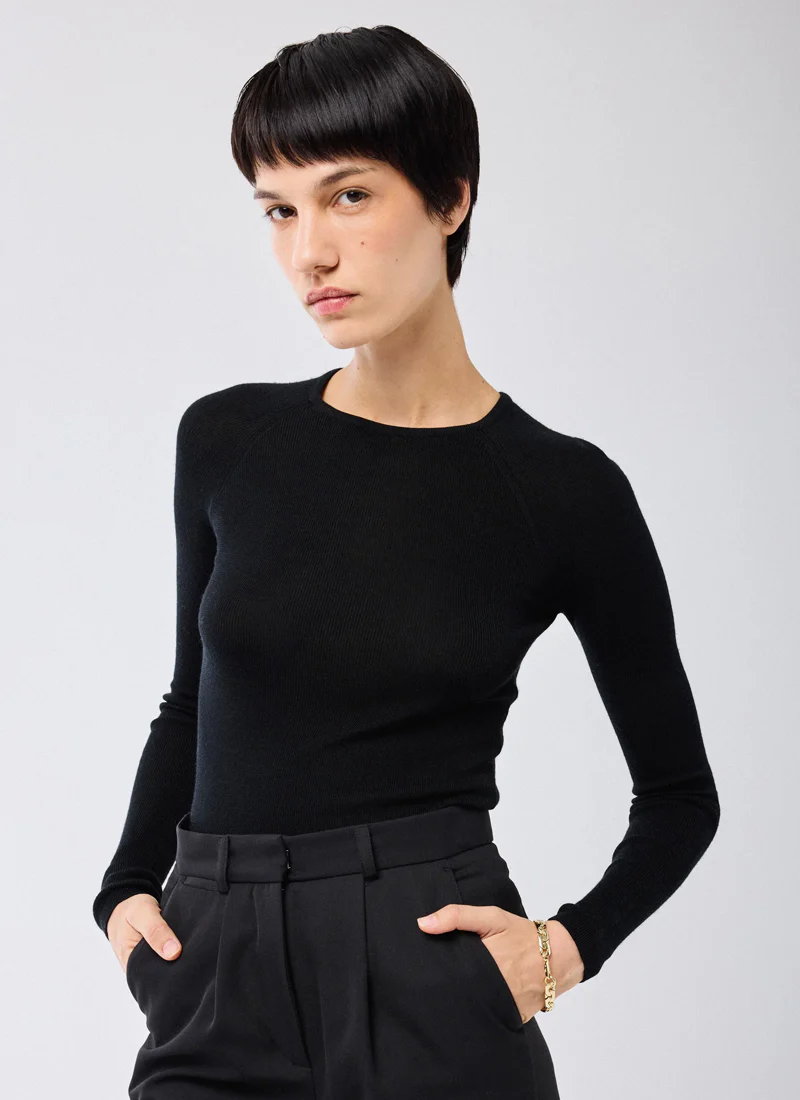 Merino Silk Micro Rib Long Sleeve Crewneck Sweater