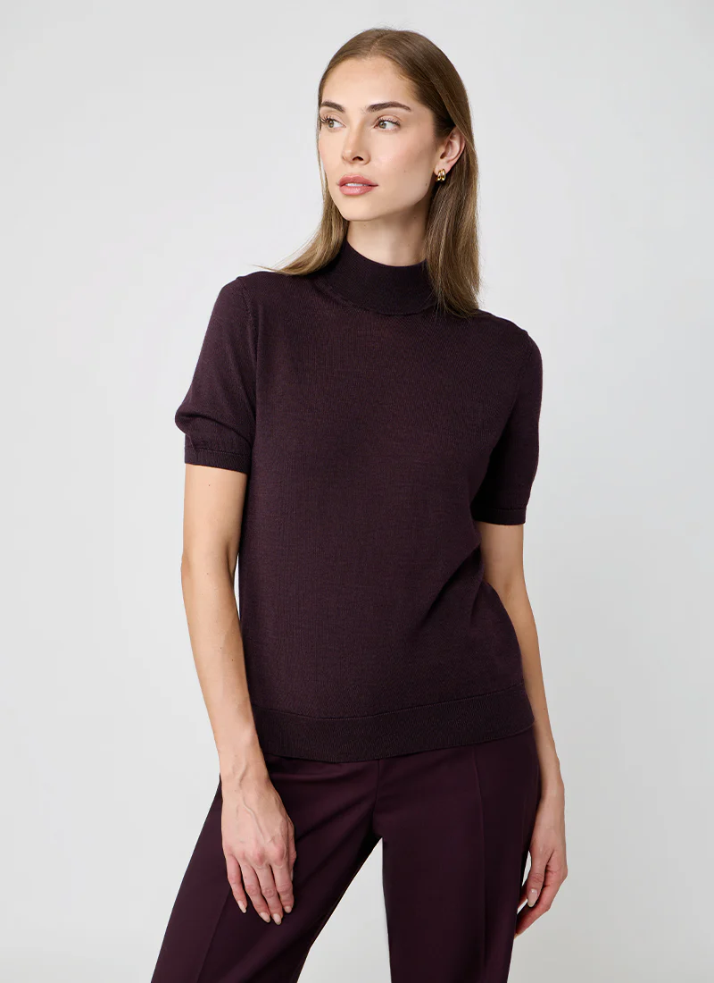 Short Sleeve Wool Silk Mock Neck Knit