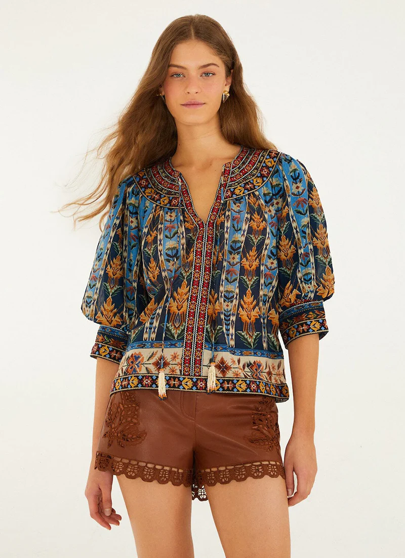 Embroidered Tapestry Tassels Puff Sleeve Blouse