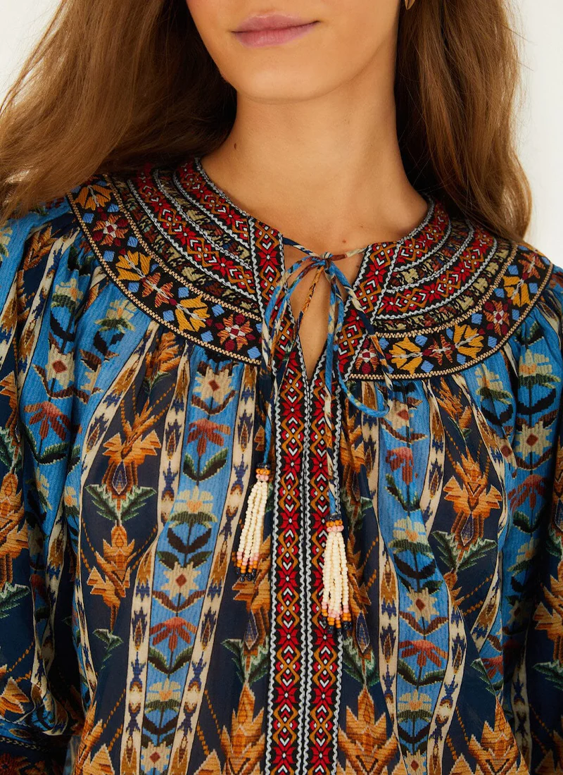 Embroidered Tapestry Tassels Puff Sleeve Blouse - Image 2