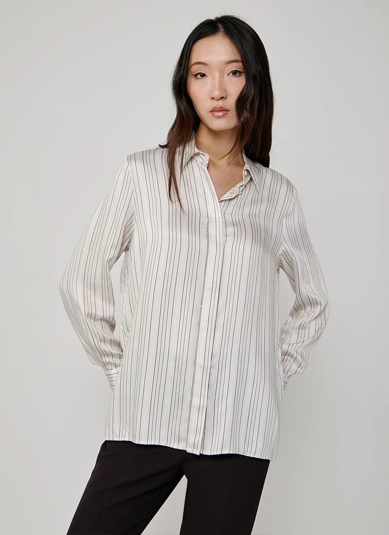 Striped Silk Satin Leaf Collar Shirt