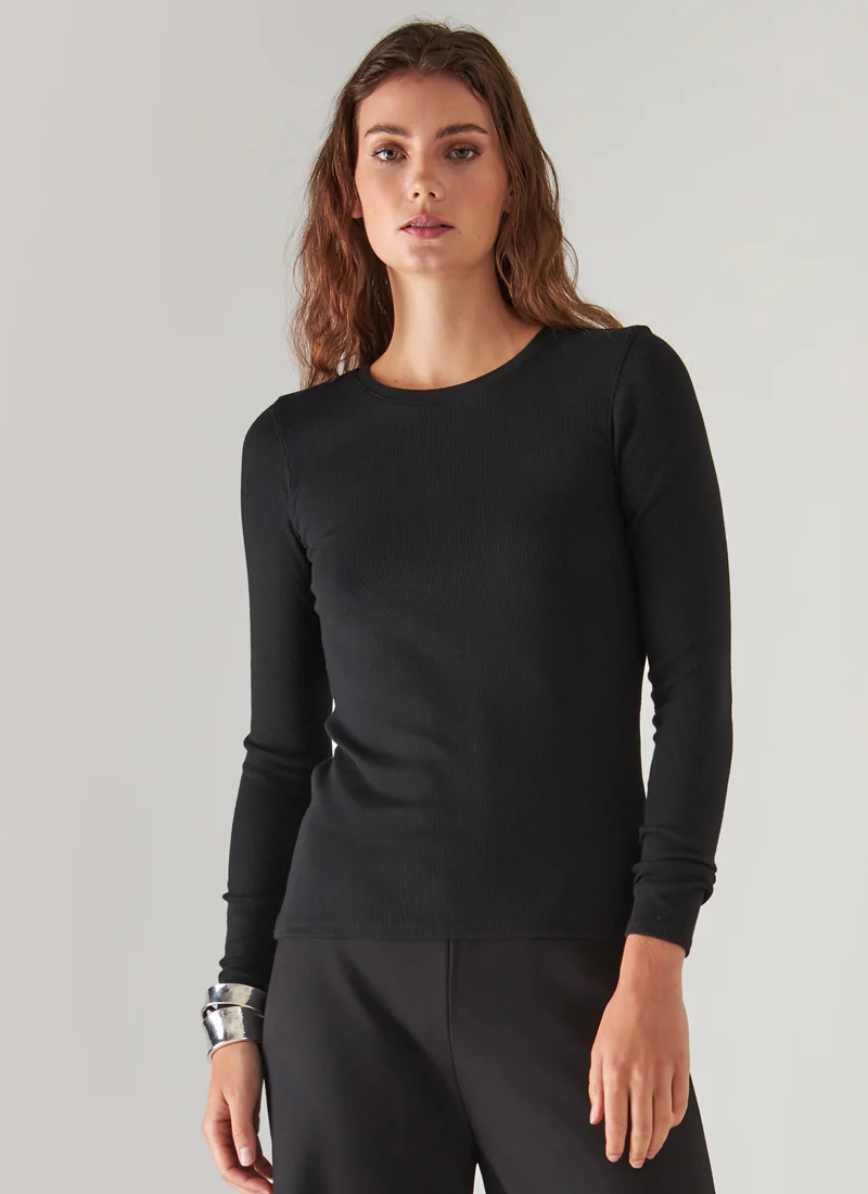 Long Sleeve Cotton Modal Rib Crew Neck T-Shirt - Image 2