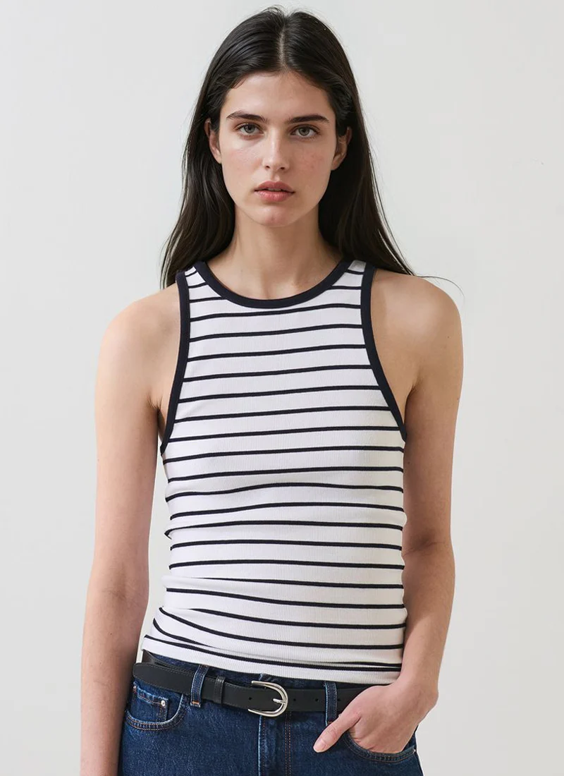 Pima Cotton Stretch Striped Ribbed High Crew Tank